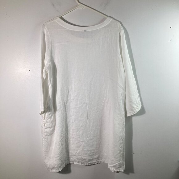 Womens Linen Tunic Round Neck 3/4 Sleeve White L Linen Pockets - Picture 2 of 8